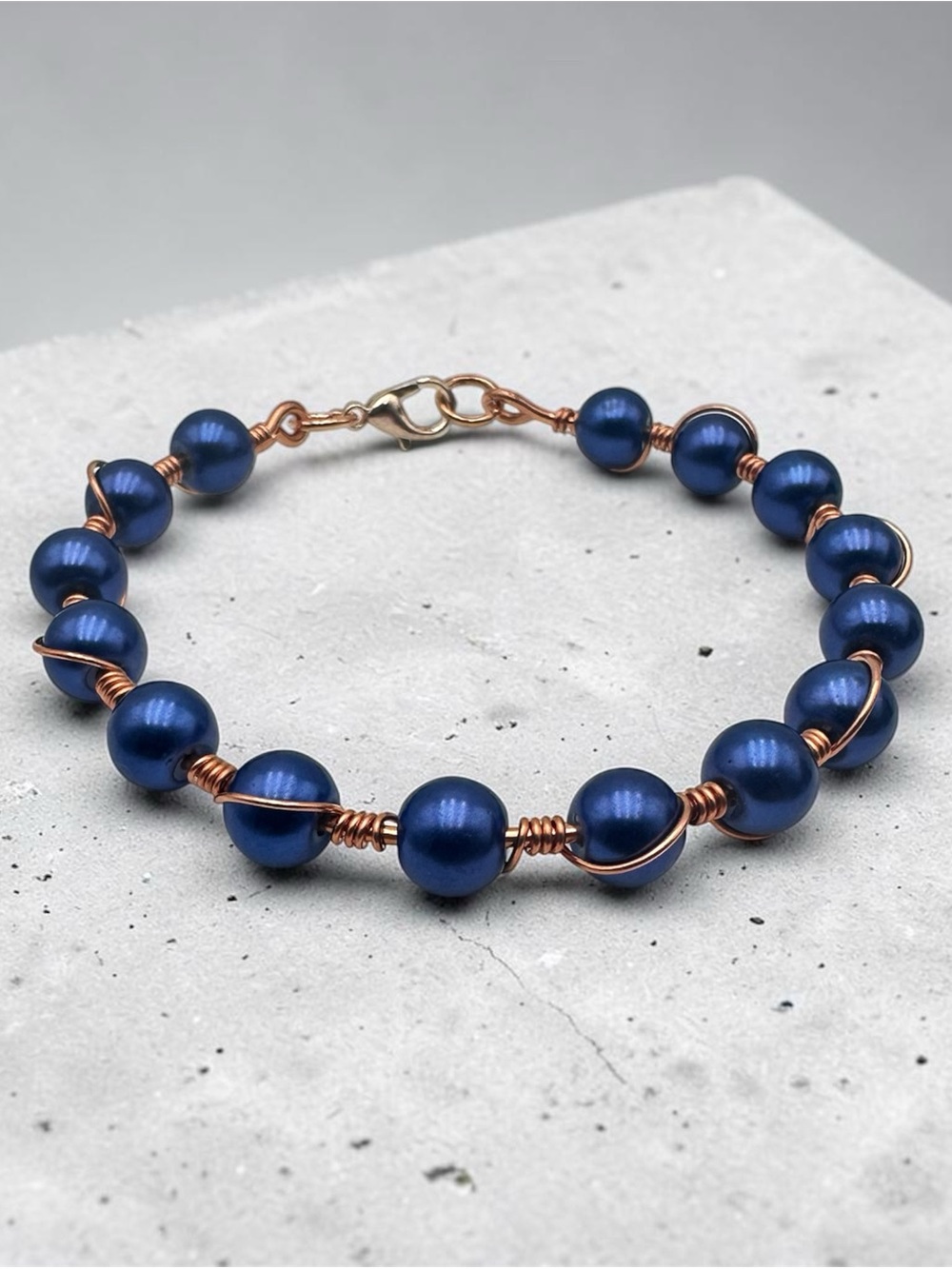 Navy Blue Pearl Beaded Bracelet with Copper Wire Wrap Handmade Jewelry